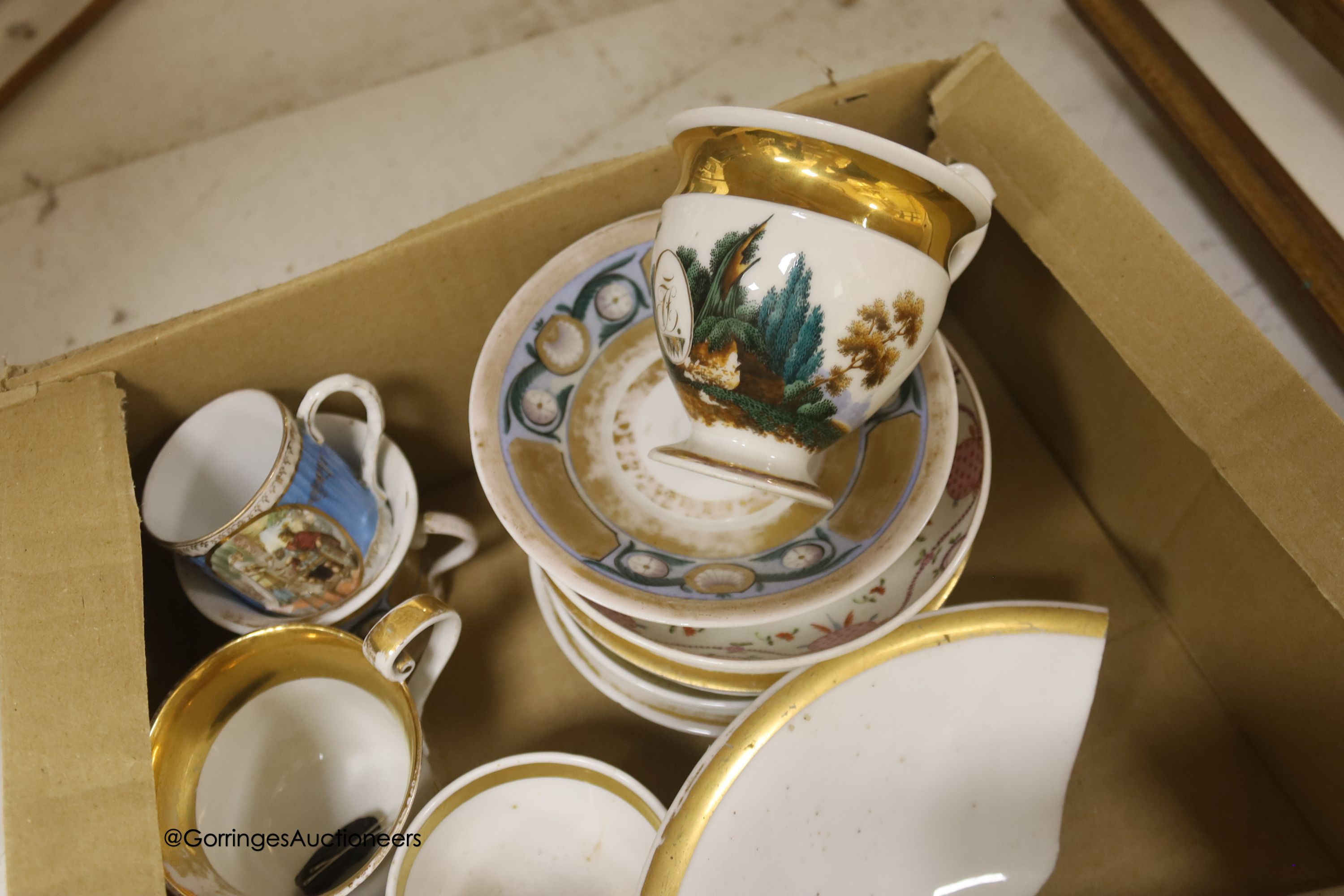 A French porcelain part tea set and other china, some damage